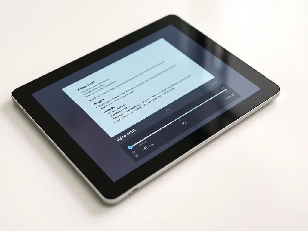 A digital tablet displaying the Video Script Builder interface, offering customizable templates and prompts for creating engaging video scripts.