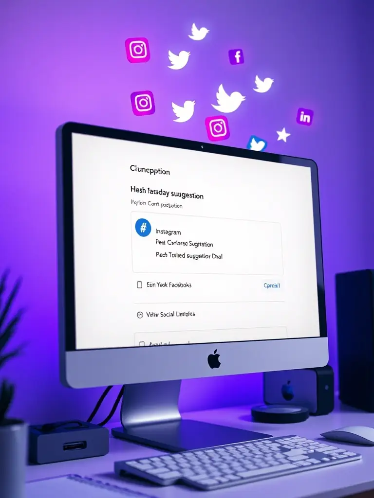 A visually engaging display of the Hashtag & Caption Assistant tool, showcasing its ability to suggest trending hashtags and compelling captions for social media posts, with social media icons in the background.