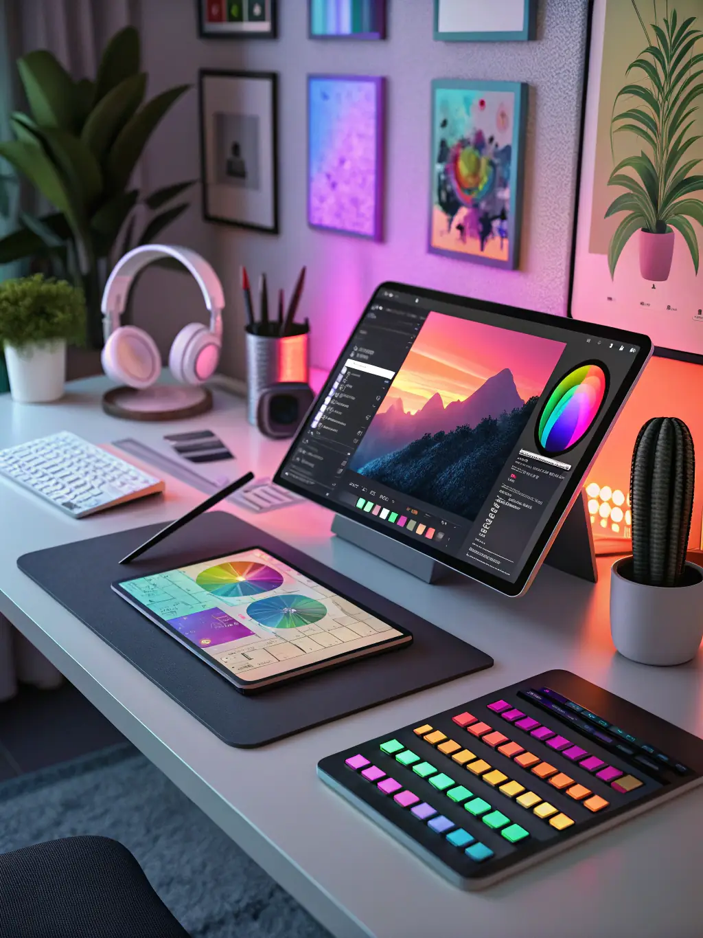 A vibrant display of the Graphics Customizer tool, showcasing its templates, filters, and design elements for creating eye-catching graphics, with design icons and color palettes in the background.