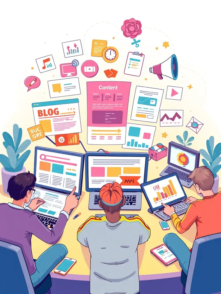 A digital illustration showcasing the Content Generator Pro tool with various content types swirling around it, emphasizing its versatility in creating different forms of content for LaurGenie users.