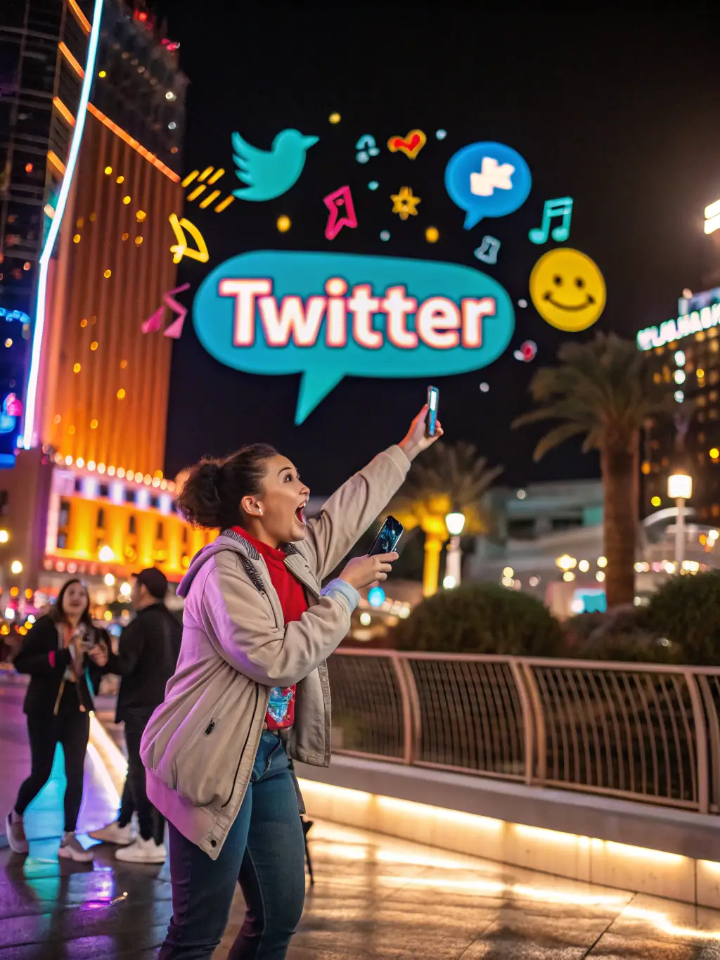 A vibrant graphic depicting the Hashtag & Caption Assistant tool, showing trending hashtags and compelling captions being generated on a smartphone screen for LaurGenie users.