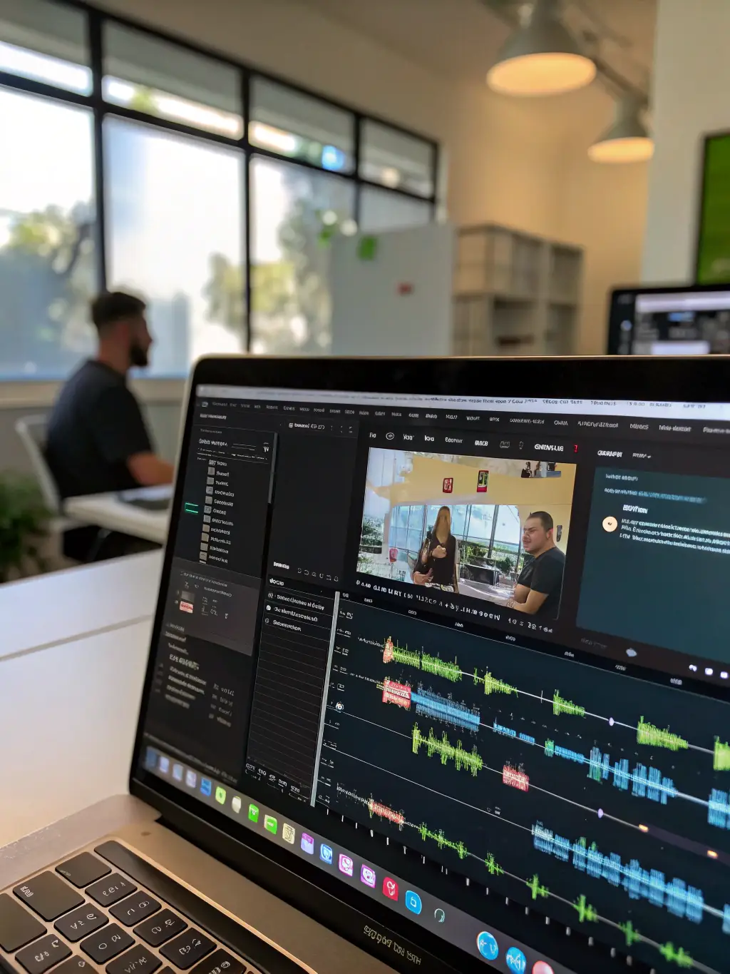 A dynamic scene of the Video Script Builder interface, showing customizable templates and prompts for creating engaging video scripts, with video camera and script icons in the background.